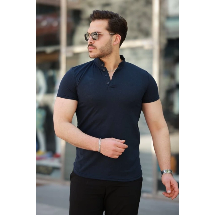 Erkek Hakim Yaka Dokuma Pamuklu Kumaş Kısa Kollu T-shirt