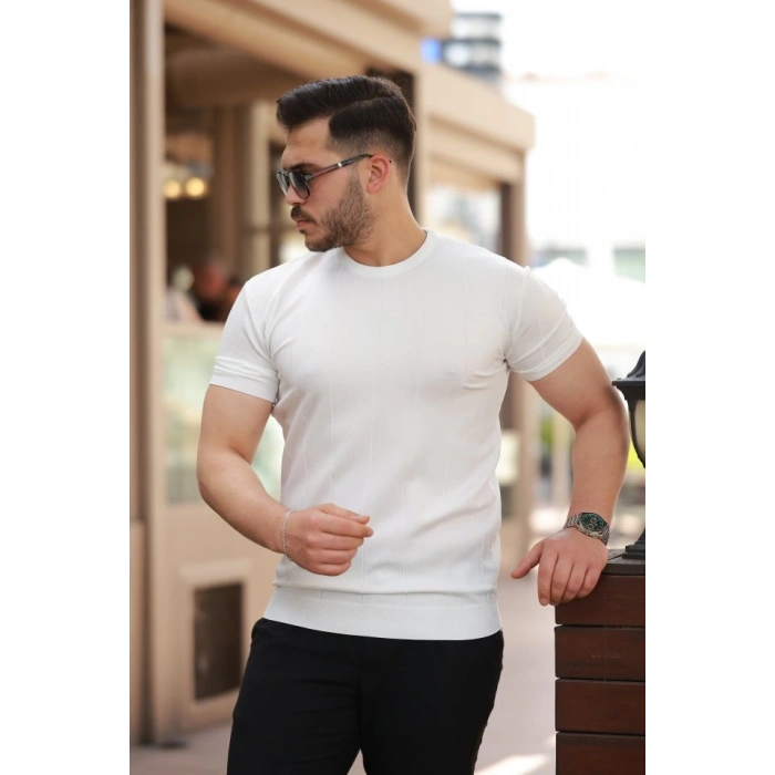 Erkek Ince çizgi Dokulu Bisiklet Yaka Kısa Kollu T-shirt