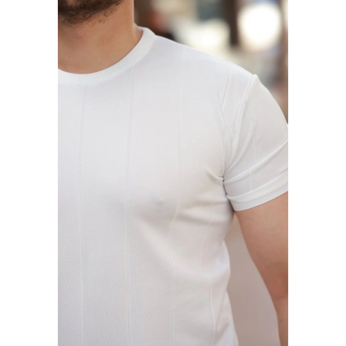 Erkek Ince çizgi Dokulu Bisiklet Yaka Kısa Kollu T-shirt