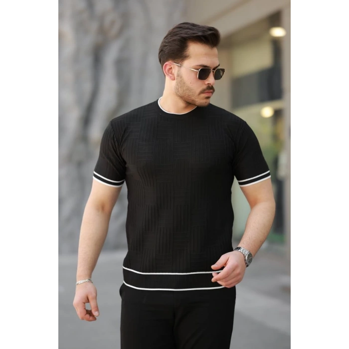 Erkek Jakarlı Ribanalı Kısa Kollu T-shirt
