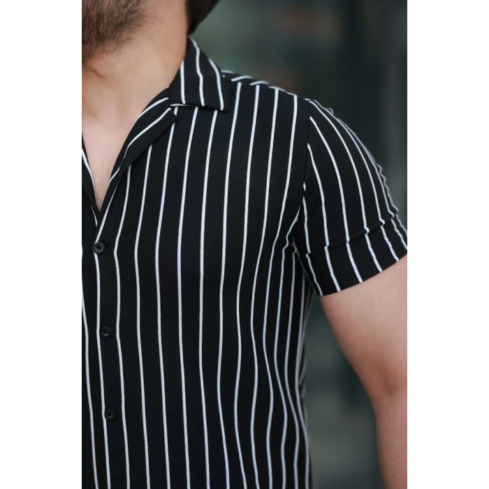 Erkek Kısa Kollu Beyaz çizgi Desenli örme Kumaş Pamuklu Gömlek