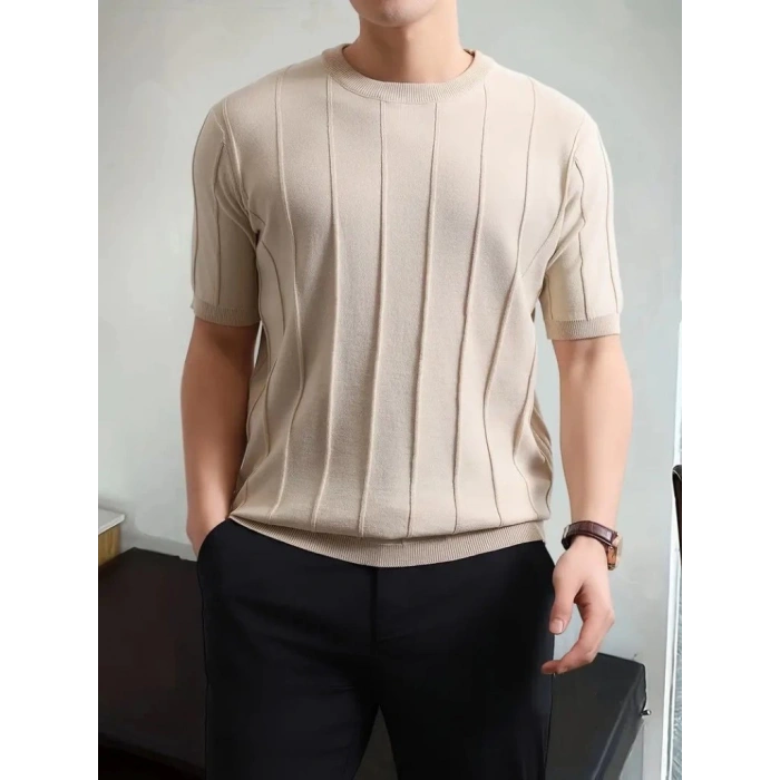 Erkek Kısa Kollu Bisiklet Yaka çizgili Triko Tişört