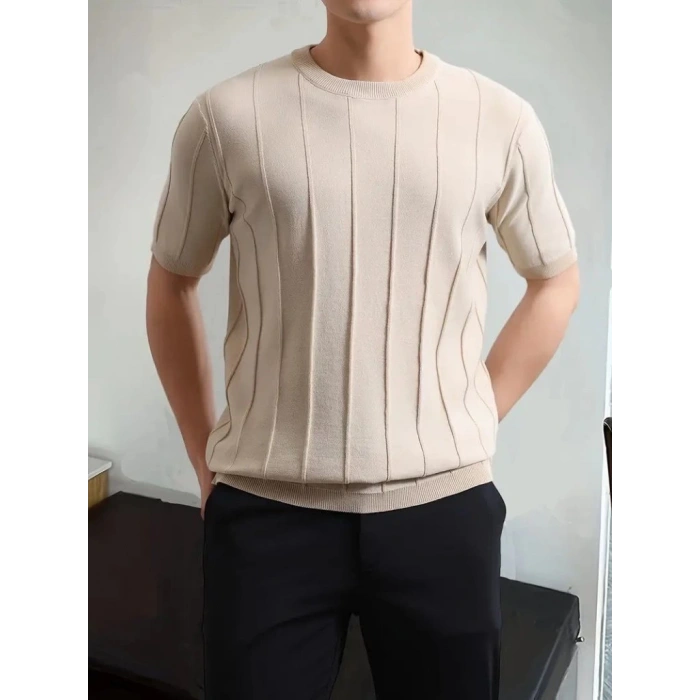 Erkek Kısa Kollu Bisiklet Yaka çizgili Triko Tişört