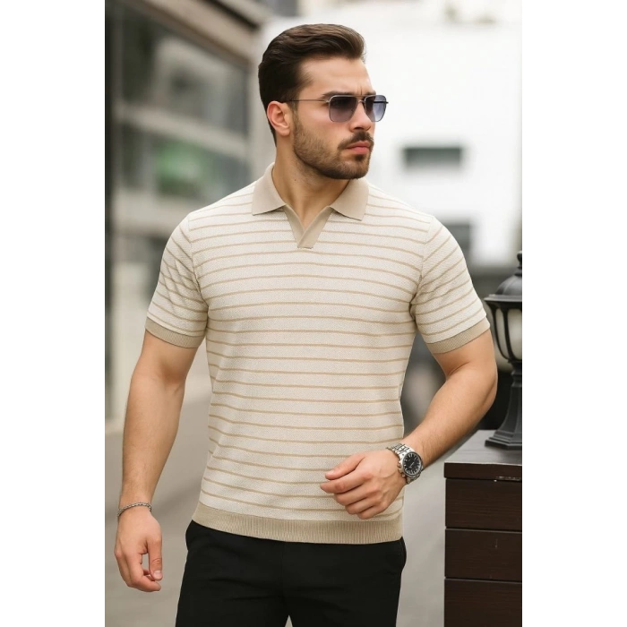 Erkek Kısa Kollu çizgi Desenli örme Kumaş Tshirt