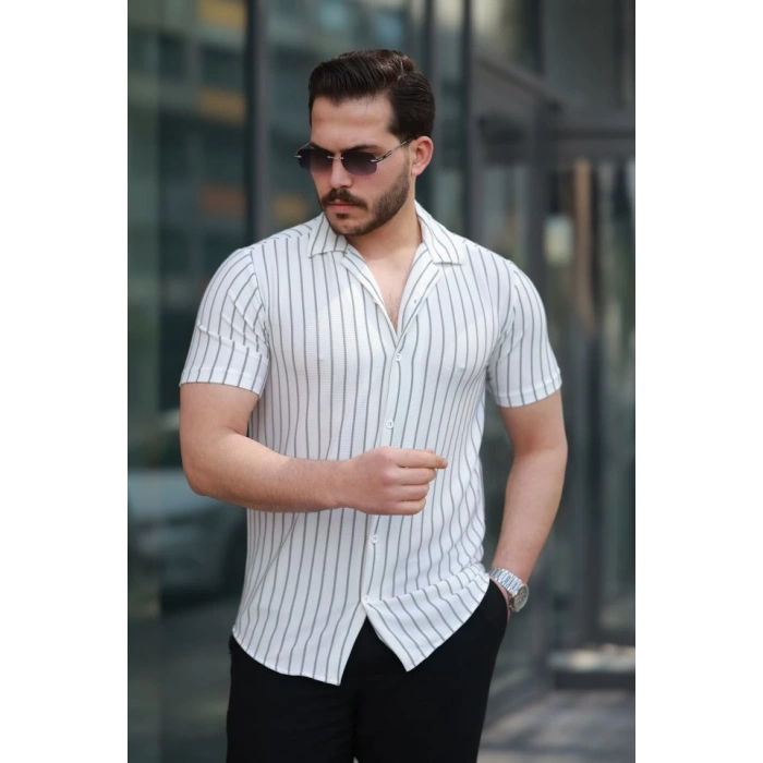 Erkek Kısa Kollu Gri çizgi Desenli örme Kumaş Pamuklu Gömlek