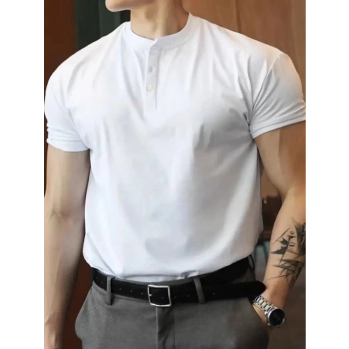 Erkek Kısa Kollu Hakim Yaka önü Düğmeli Viskon Tişört