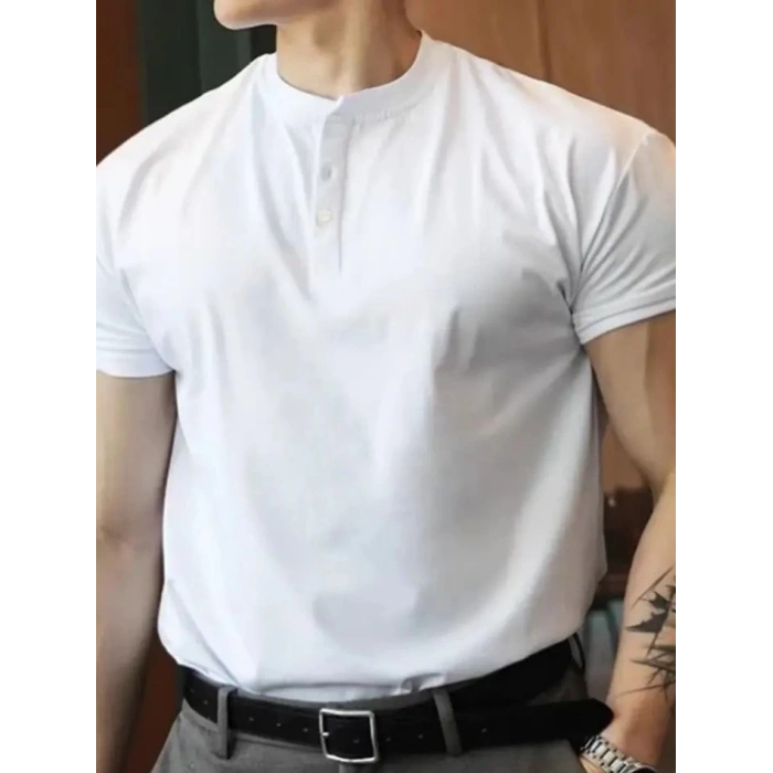 Erkek Kısa Kollu Hakim Yaka önü Düğmeli Viskon Tişört
