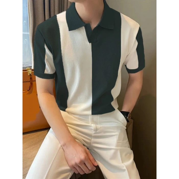 Erkek Kısa Kollu Polo Yakalı Blok Desenli Triko Tişört