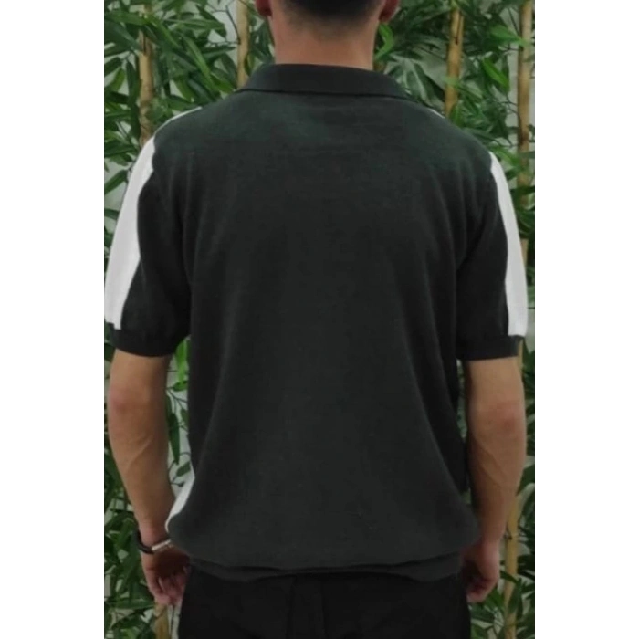 Erkek Kısa Kollu Polo Yakalı Blok Desenli Triko Tişört