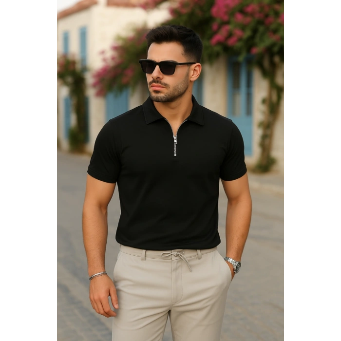 Erkek Kısa Kollu Yakalı önden Fermuarlı Viskon Iki Iplik Tişört