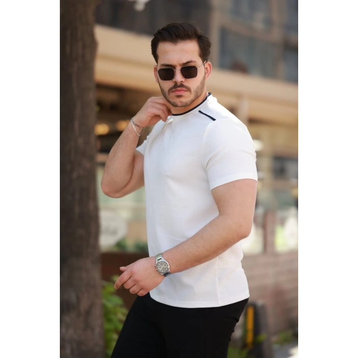 Erkek Omuzlar çizgi Detaylı Kısa Kollu T-shirt