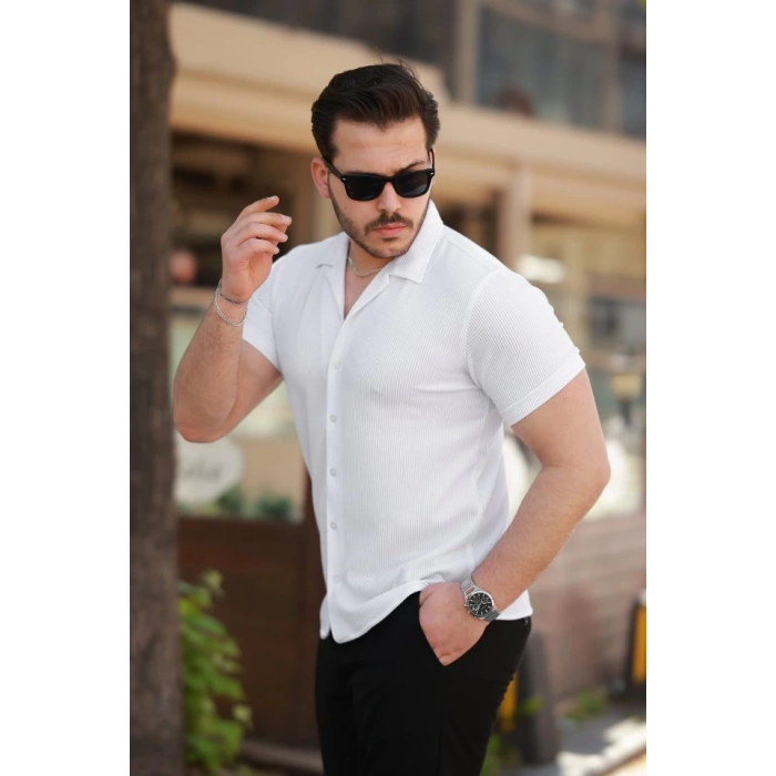 Erkek Ottoman Kumaş Apaj Yaka Kısa Kollu Gömlek