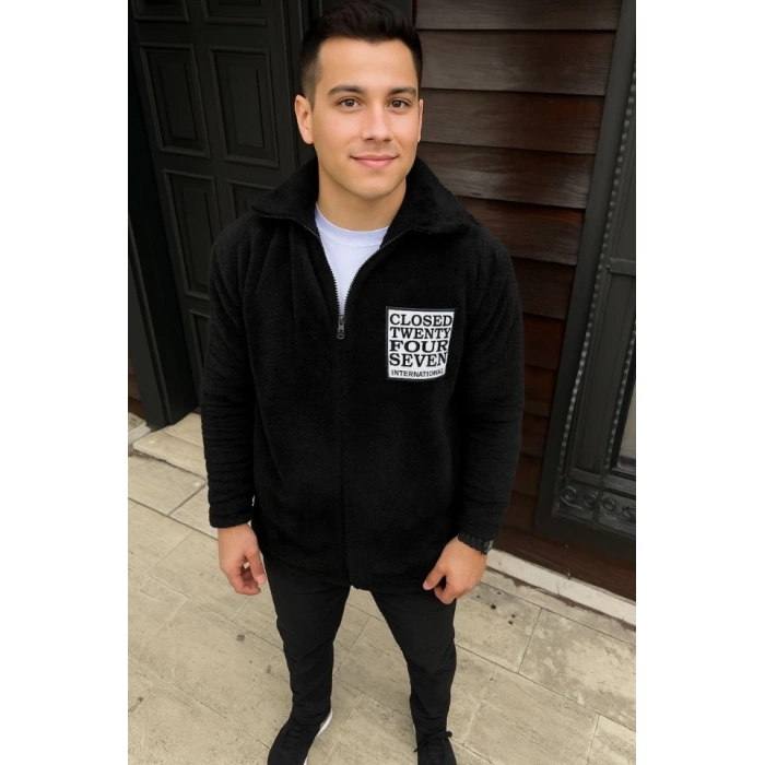 Erkek Polar Fermuarlı Sweatshirt – Kapüşonsuz, Cepli, Yumuşak Dokulu, Oversize Rahat Kalıp, Kışlık Sıcak Tutan Fermuarlı Üst - Siyah