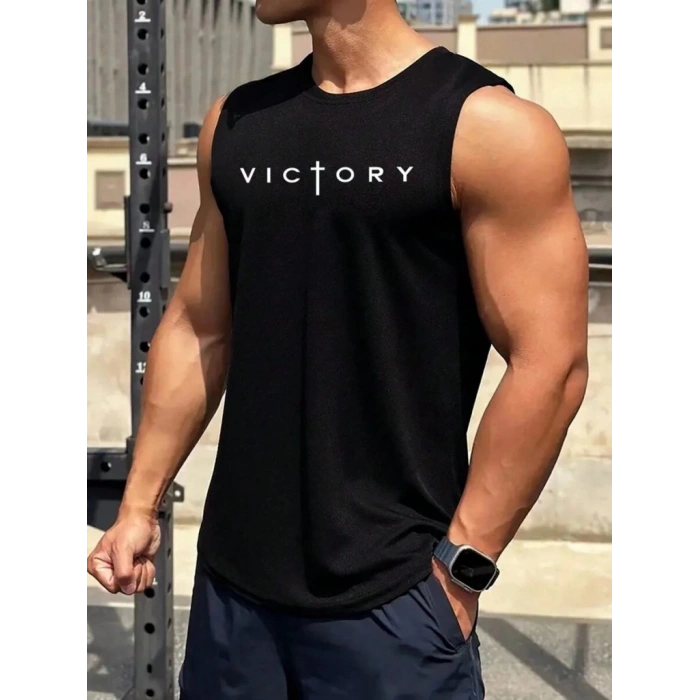 Erkek Sıfır Kol Victory Baskılı Süprem Tişört