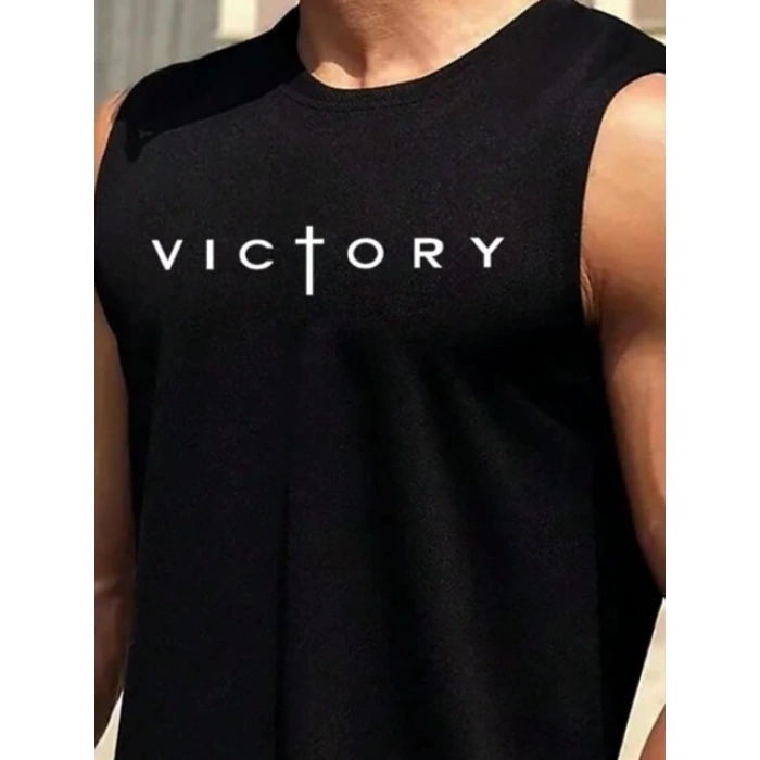 Erkek Sıfır Kol Victory Baskılı Süprem Tişört