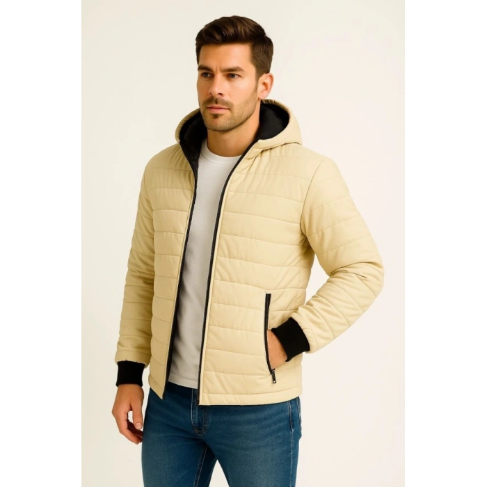 Erkek Şişme Kapüşonlu Fermuarlı Mont Su Itici Kapitone Astarlı Kumaş Cepli Kışlık Rahat Kalıp - Bej