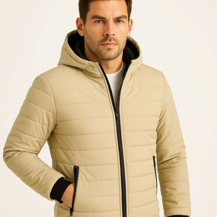 Erkek Şişme Kapüşonlu Fermuarlı Mont Su Itici Kapitone Astarlı Kumaş Cepli Kışlık Rahat Kalıp - Bej