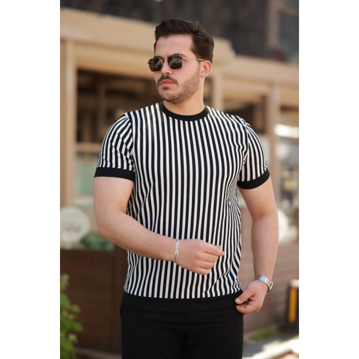 Erkek Siyah Beyaz örme Pamuklu Kumaş Kısa Kollu T-shirt