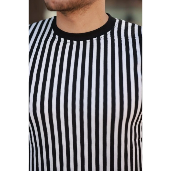 Erkek Siyah Beyaz örme Pamuklu Kumaş Kısa Kollu T-shirt