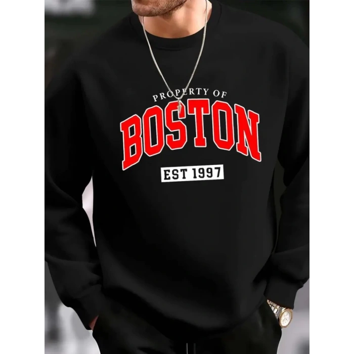 Erkek Uzun Kollu Bisiklet Yaka Boston Yazılı Iki Iplik Sweat