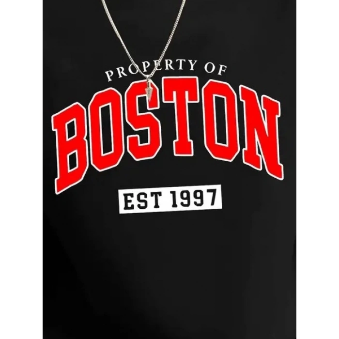 Erkek Uzun Kollu Bisiklet Yaka Boston Yazılı Iki Iplik Sweat