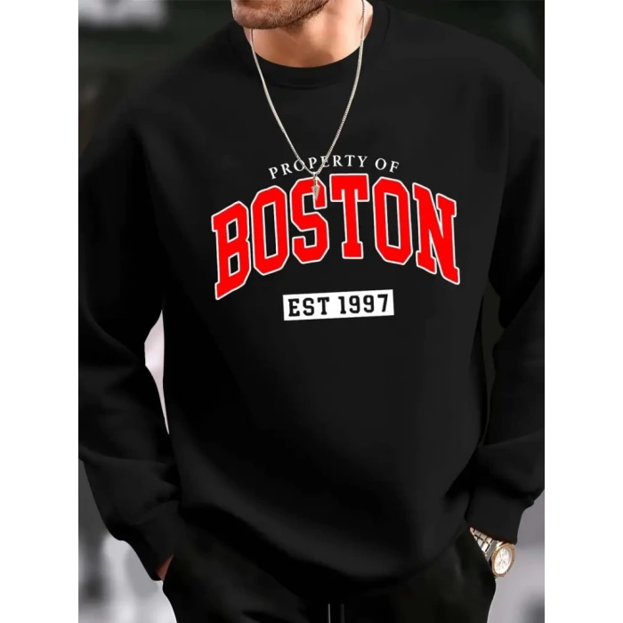 Erkek Uzun Kollu Bisiklet Yaka Boston Yazılı Iki Iplik Sweat