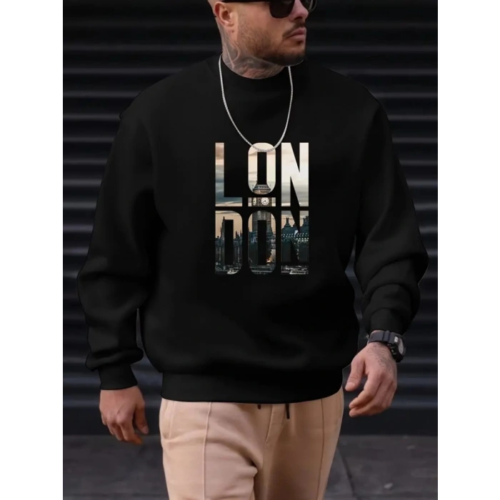 Erkek Uzun Kollu Bisiklet Yaka London Logo Baskılı Iki Iplik Sweat