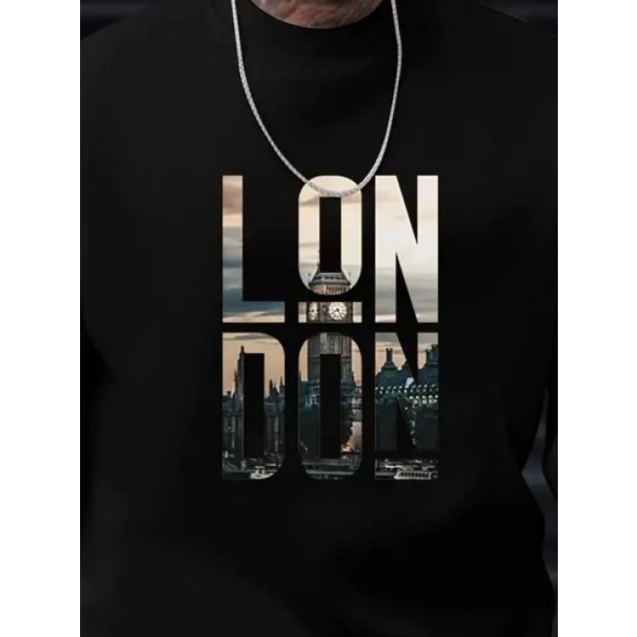 Erkek Uzun Kollu Bisiklet Yaka London Logo Baskılı Iki Iplik Sweat