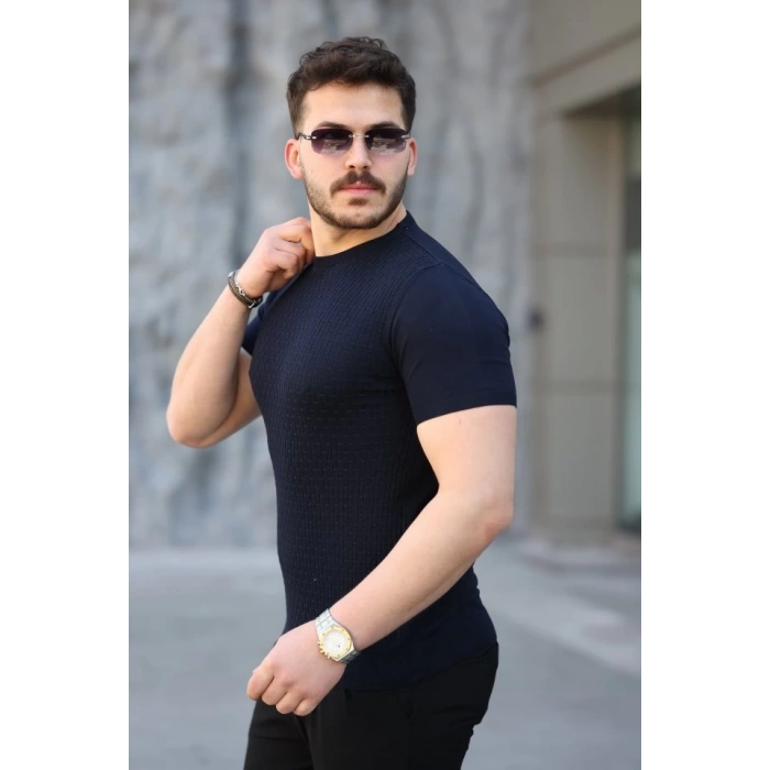 Erkek Viskon Kumaş Bisiklet Yaka Desenli Tişört