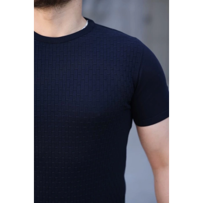 Erkek Viskon Kumaş Bisiklet Yaka Desenli Tişört