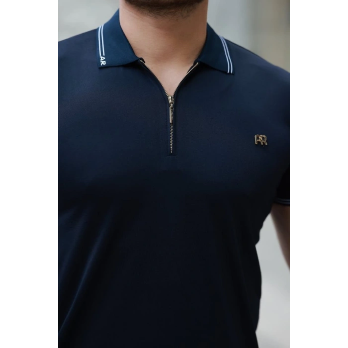 Erkek Yaka Ve Kolları çizgi Detaylı Fermuar Yakalı Kısa Kollu Tişört