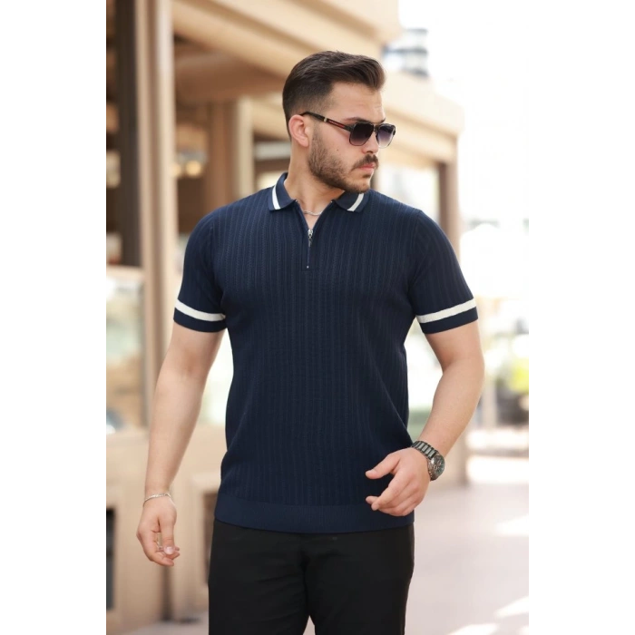 Erkek Yaka Ve Kolları çizgi Detaylı Fermuarlı Kısa Kollu T-shirt