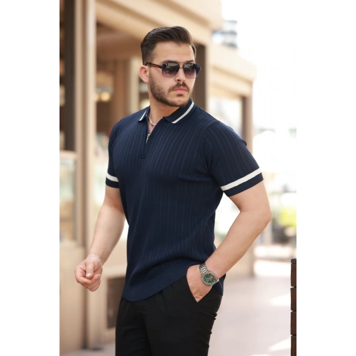 Erkek Yaka Ve Kolları çizgi Detaylı Fermuarlı Kısa Kollu T-shirt