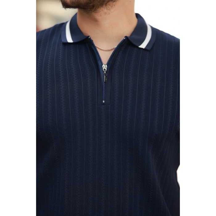 Erkek Yaka Ve Kolları çizgi Detaylı Fermuarlı Kısa Kollu T-shirt