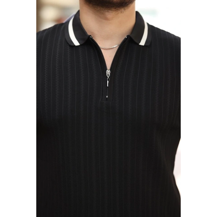 Erkek Yaka Ve Kolları çizgi Detaylı Fermuarlı Kısa Kollu T-shirt