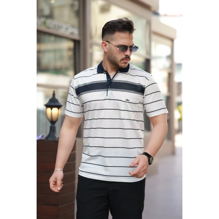 Erkek Yakalı çizgili Kısa Kollu T-shirt