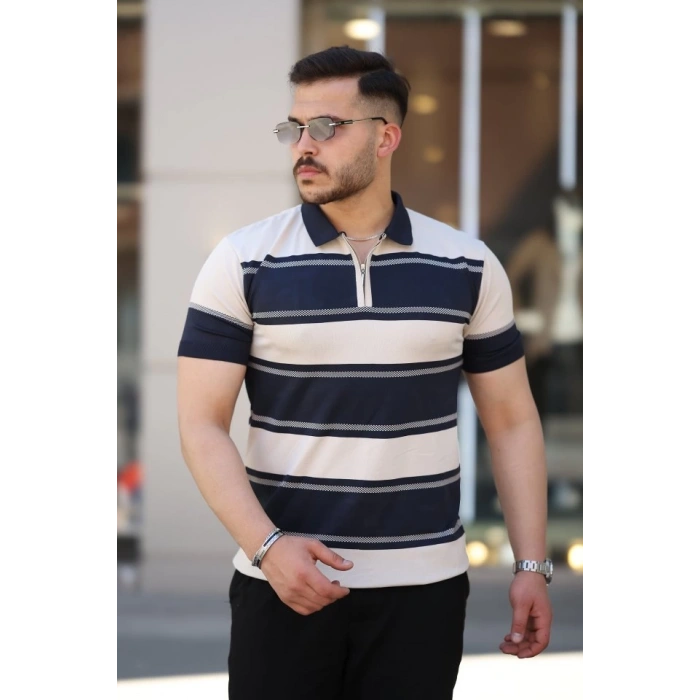 Erkek Yakalı Fermuarlı çift Renk Kısa Kollu T-shirt