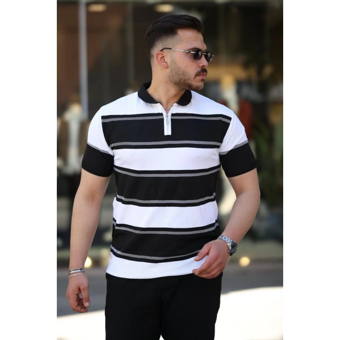 Erkek Yakalı Fermuarlı çift Renk Kısa Kollu T-shirt