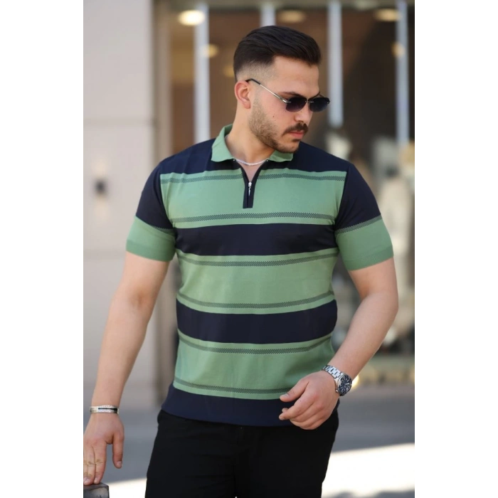 Erkek Yakalı Fermuarlı çift Renk Kısa Kollu T-shirt