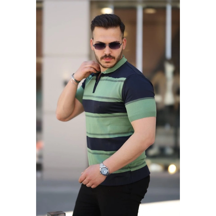 Erkek Yakalı Fermuarlı çift Renk Kısa Kollu T-shirt
