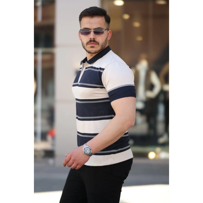 Erkek Yakalı Fermuarlı çift Renk Kısa Kollu T-shirt