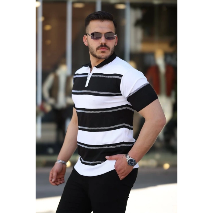 Erkek Yakalı Fermuarlı çift Renk Kısa Kollu T-shirt