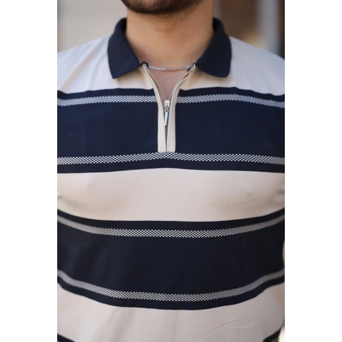 Erkek Yakalı Fermuarlı çift Renk Kısa Kollu T-shirt