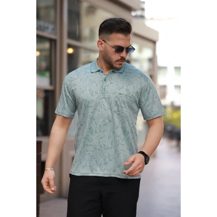 Erkek Yakalı Jakar Baskılı Kısa Kollu T-shirt