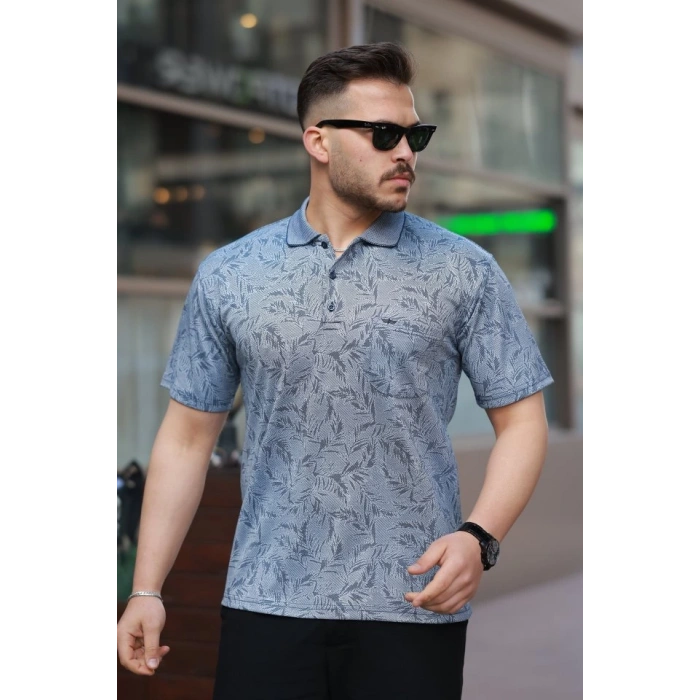 Erkek Yakalı Jakar Baskılı Kısa Kollu T-shirt