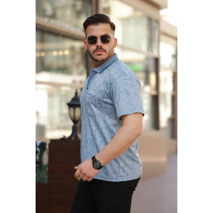 Erkek Yakalı Jakar Baskılı Kısa Kollu T-shirt