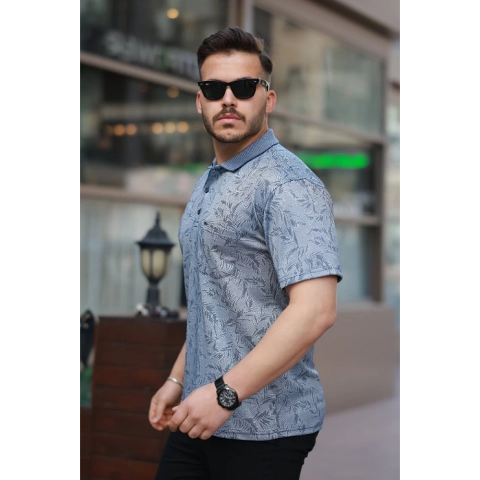 Erkek Yakalı Jakar Baskılı Kısa Kollu T-shirt