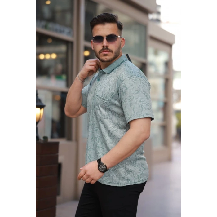 Erkek Yakalı Jakar Baskılı Kısa Kollu T-shirt