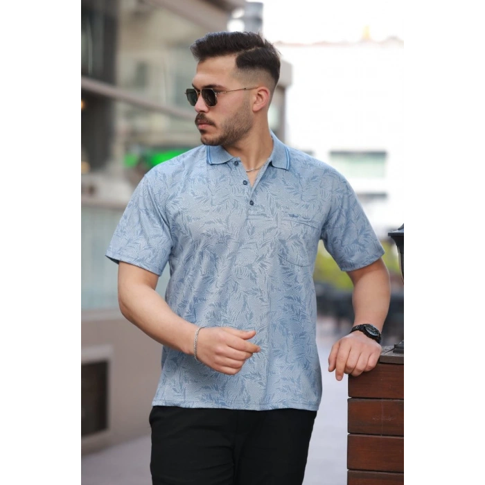 Erkek Yakalı Jakar Baskılı Kısa Kollu T-shirt