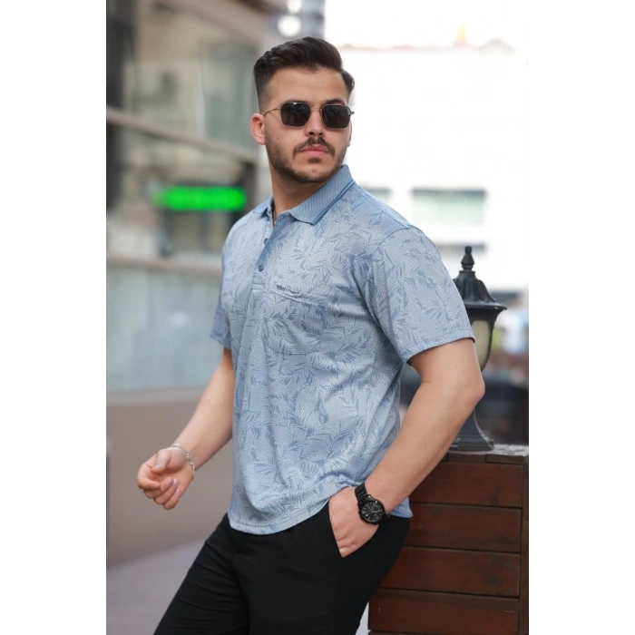 Erkek Yakalı Jakar Baskılı Kısa Kollu T-shirt